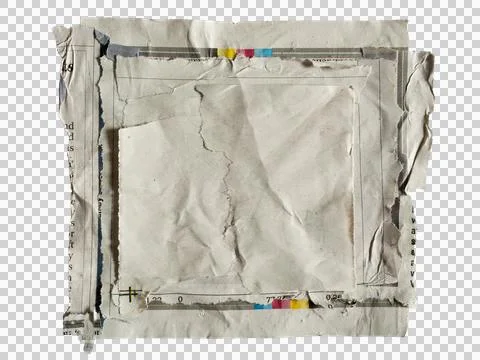 Square shape made of a collage of torn old newspaper on white background Foto stock