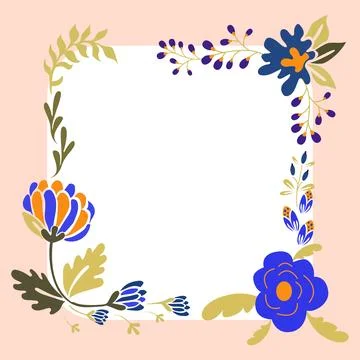 Square Shape Orange Color. Text Frame Surrounded With Assorted Flowers Hearts Illustrazione stock