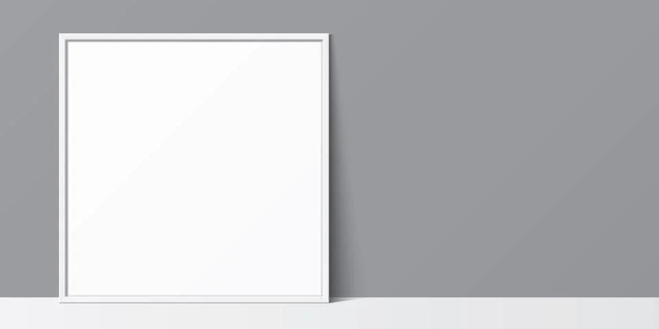 Square shape white frame leaning against a grey wall background, vector mockup. Stock Illustration