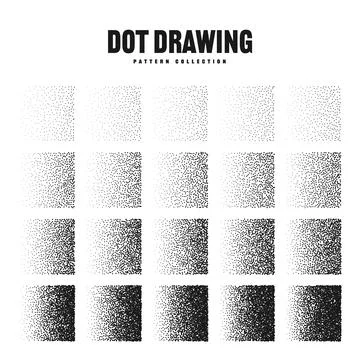 Square shaped dotted objects, stipple elements. Stippling, dotwork drawing Stock Illustration