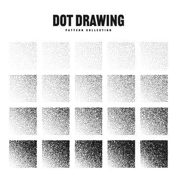 Square shaped dotted objects, stipple elements. Stippling, dotwork drawing Illustrazione stock