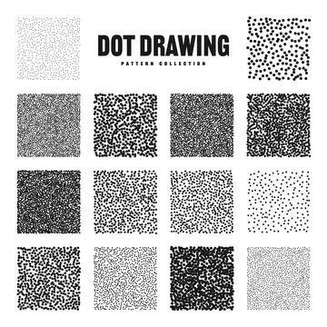 Square shaped dotted objects, stipple elements. Stippling, dotwork drawing Stock Illustration