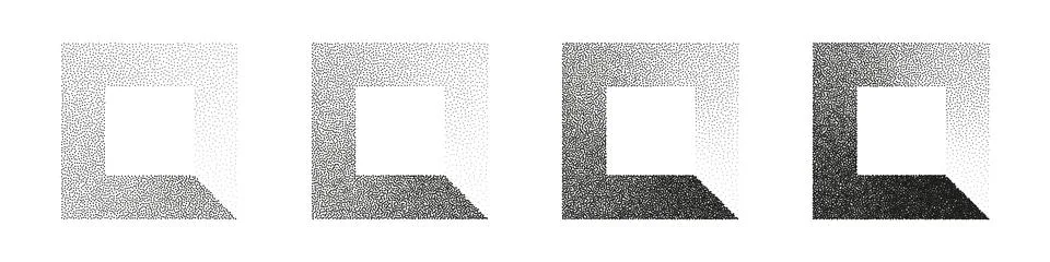 Square shaped dotted objects, stipple elements. Stippling, dotwork drawing Stockillustratie
