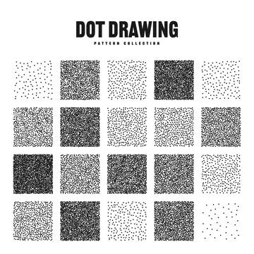 Square shaped dotted objects, stipple elements. Stippling, dotwork drawing Illustrazione stock