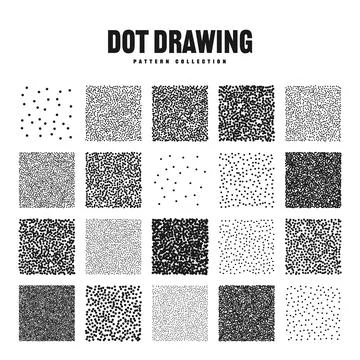 Square shaped dotted objects, stipple elements. Stippling, dotwork drawing Illustrazione stock