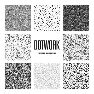 Square shaped dotted objects, stipple elements. Stippling, dotwork drawing Stockillustratie