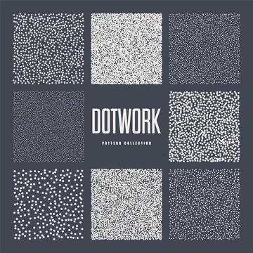 Square shaped dotted objects, stipple elements. Stippling, dotwork drawing Stock Illustration