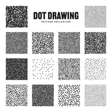 Square shaped dotted objects, stipple elements. Stippling, dotwork drawing Illustrazione stock