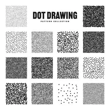 Square shaped dotted objects, stipple elements. Stippling, dotwork drawing Stock Illustration