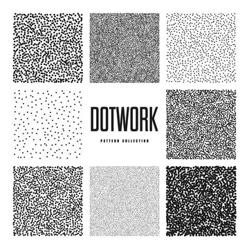 Square shaped dotted objects, stipple elements. Stippling, dotwork drawing Stock Illustration