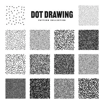 Square shaped dotted objects, stipple elements. Stippling, dotwork drawing Stockillustratie