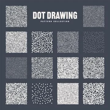 Square shaped dotted objects, stipple elements. Stippling, dotwork drawing Illustrazione stock