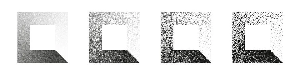 Square shaped dotted objects, stipple elements. Stippling, dotwork drawing Stock Illustration