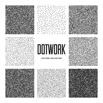 Square shaped dotted objects, stipple elements. Stippling, dotwork drawing Illustrazione stock