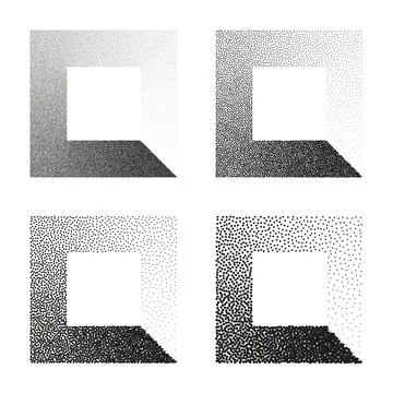 Square shaped dotted objects, stipple elements. Stippling, dotwork drawing Stock Illustration