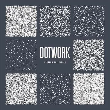Square shaped dotted objects, stipple elements. Stippling, dotwork drawing Stock Illustration