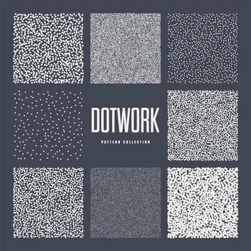 Square shaped dotted objects, stipple elements. Stippling, dotwork drawing Stock Illustration