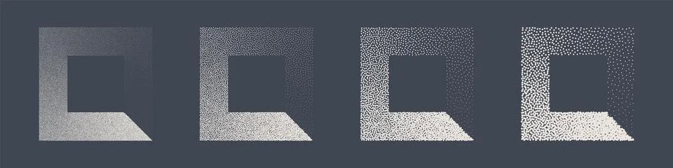 Square shaped dotted objects, stipple elements. Fading gradient. Stippling Stockillustratie