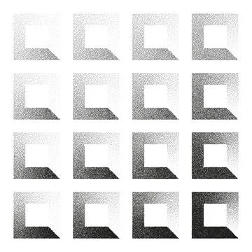 Square shaped dotted objects, stipple elements. Stippling, dotwork drawing Stock Illustration