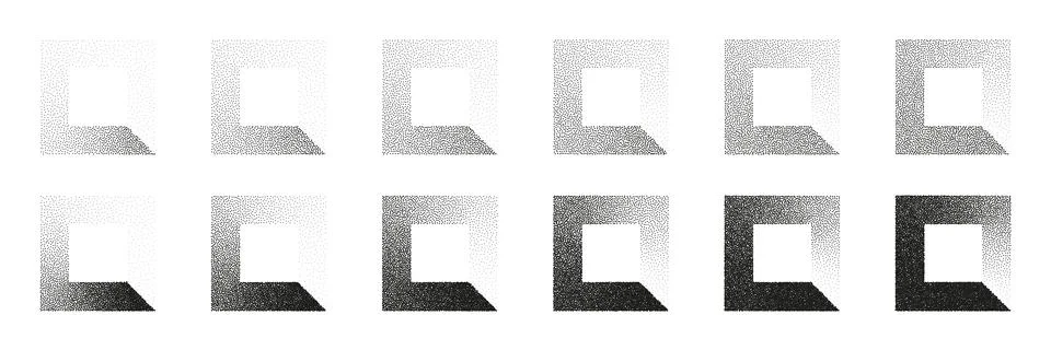 Square shaped dotted objects, stipple elements. Stippling, dotwork drawing Stock Illustration
