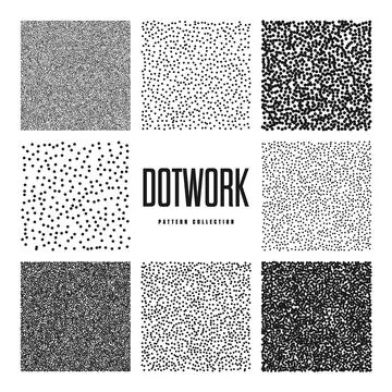 Square shaped dotted objects, stipple elements. Stippling, dotwork drawing 스톡 일러스트
