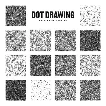 Square shaped dotted objects, stipple elements. Stippling, dotwork drawing Illustrazione stock