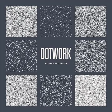 Square shaped dotted objects, stipple elements. Stippling, dotwork drawing Stock Illustration