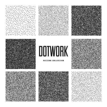 Square shaped dotted objects, stipple elements. Stippling, dotwork drawing Stock Illustration