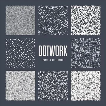 Square shaped dotted objects, stipple elements. Stippling, dotwork drawing Stock Illustration