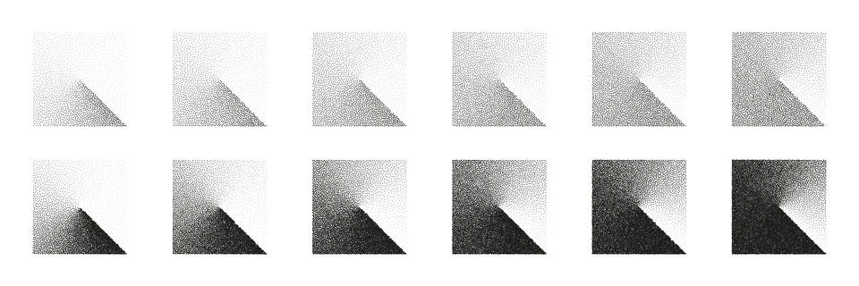 Square shaped dotted objects, stipple elements. Stippling, dotwork drawing 스톡 일러스트