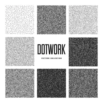Square shaped dotted objects, stipple elements. Stippling, dotwork drawing Stock Illustration