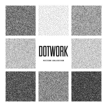 Square shaped dotted objects, stipple elements. Stippling, dotwork drawing Stock Illustration