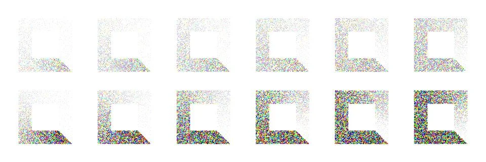 Square shaped dotted objects, stipple elements. Stippling, dotwork drawing Stock Illustration