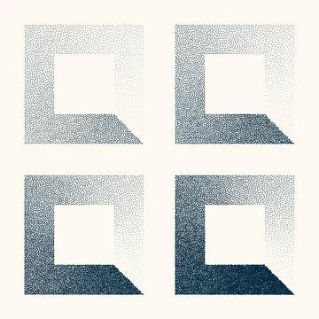 Square shaped dotted objects, vintage stipple elements. Stippling, dotwork Illustrazione stock