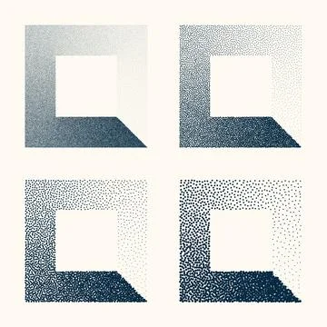 Square shaped dotted objects, vintage stipple elements. Stippling, dotwork Stock Illustration