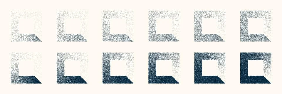 Square shaped dotted objects, vintage stipple elements. Stippling, dotwork Stock Illustration