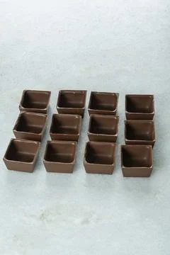 Square-shaped milk chocolate shells ready to be filled vertical. Stock Photos