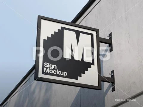 Square Sign Mockup on a Wall, Store Sign PSD Template