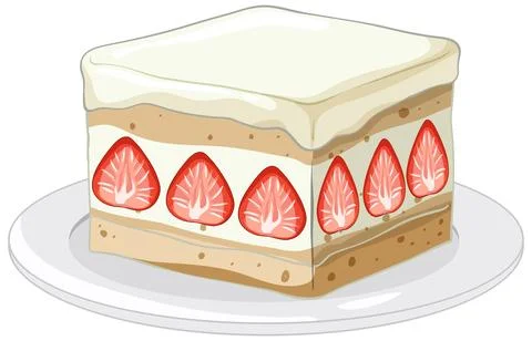 Square Slice of Layered Strawberry Shortcake on a White Plate Stock Illustration