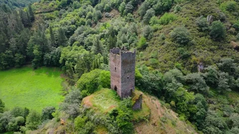 Square Stone Tower Of Torre de Doncos In As Nogais, Galicia, Spain. Aerial Stock Footage 342471403