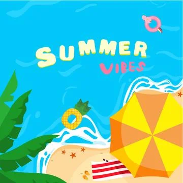 Square Summer Poster with Beach Ocean and Tropical Trees for Social Media Illustrazione stock