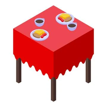 Square table with red tablecloth is set for breakfast with coffee and food イラスト素材
