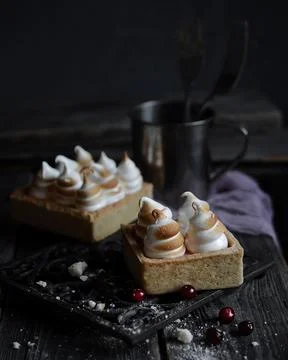 Square tartlets with meringue Stock Photos