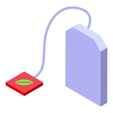 Square tea bag label connected to empty rectangular violet tea bag with str.. 스톡 일러스트