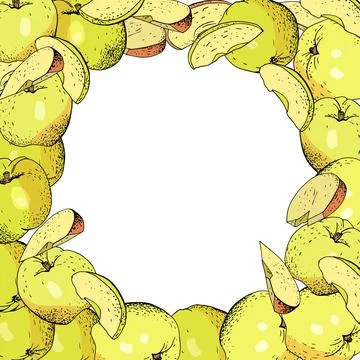 Square template with apples, apple slices on white. Stock Illustration
