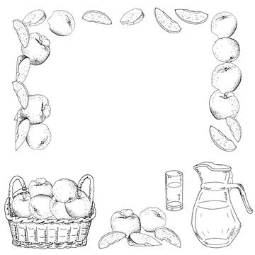 Square template with apples, apple slices. Hand drawn food illustration. Stock Illustration