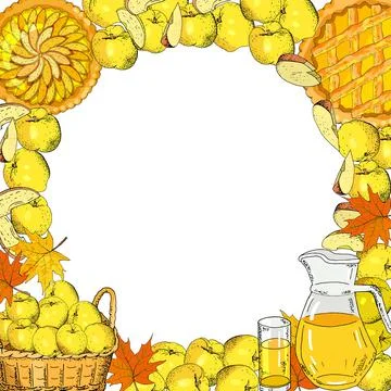 Square template with apples, apple slices, apple pies, apple juice jug, baske Stock Illustration