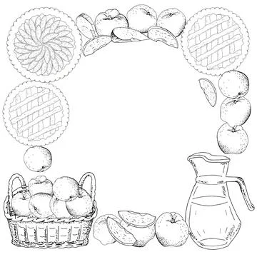 Square template with apples, apple slices. Hand drawn food illustration. Stock Illustration