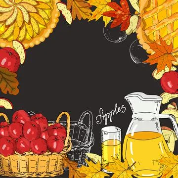 Square template with apples, apple slices, apple pies, apple juice jug, baske Stock Illustration