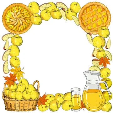 Square template with apples, apple slices. Hand drawn food illustration. Stock Illustration